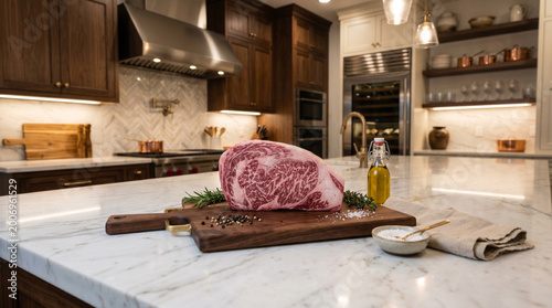 uncooked wagyu beef on elegant serving board in a luxury kitchen, polished marble countertops, soft warm lighting.