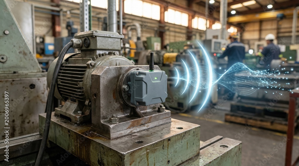 Fototapeta premium Medium shot of a wireless vibrationsensing machine base capturing realtime resonance data for predictive maintenance in a manufacturing environment.
