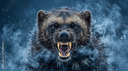 Aggressive wolverine snarling with bared teeth in swirling blue smoke.