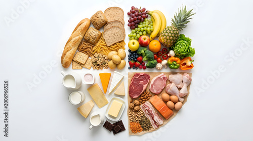 Nutritional Wheel of Balanced Food: A visually appealing and informative illustration showcasing a wide array of healthy food categories arranged in a circular format.