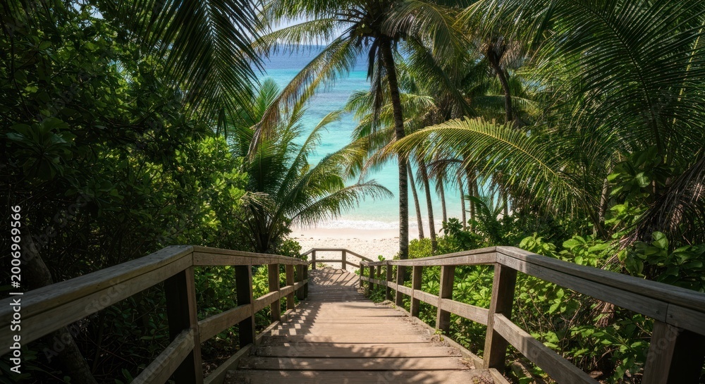 Fototapeta premium Wooden walkway leads to a tropical beach