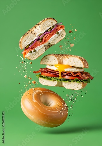 Gourmet Flying Bagel Sandwiches featuring Smoked Salmon Lox and Bacon Egg and Cheese with Dripping Yolk on a Vibrant Green Background with Floating Seasoning Seeds