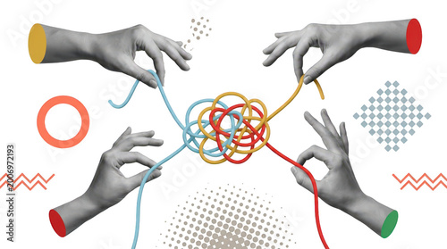 Four disembodied hands in a collage style manipulate a tangled knot of colored ropes symbolizing complexity and collaboration connection unity teamwork problem solving abstract