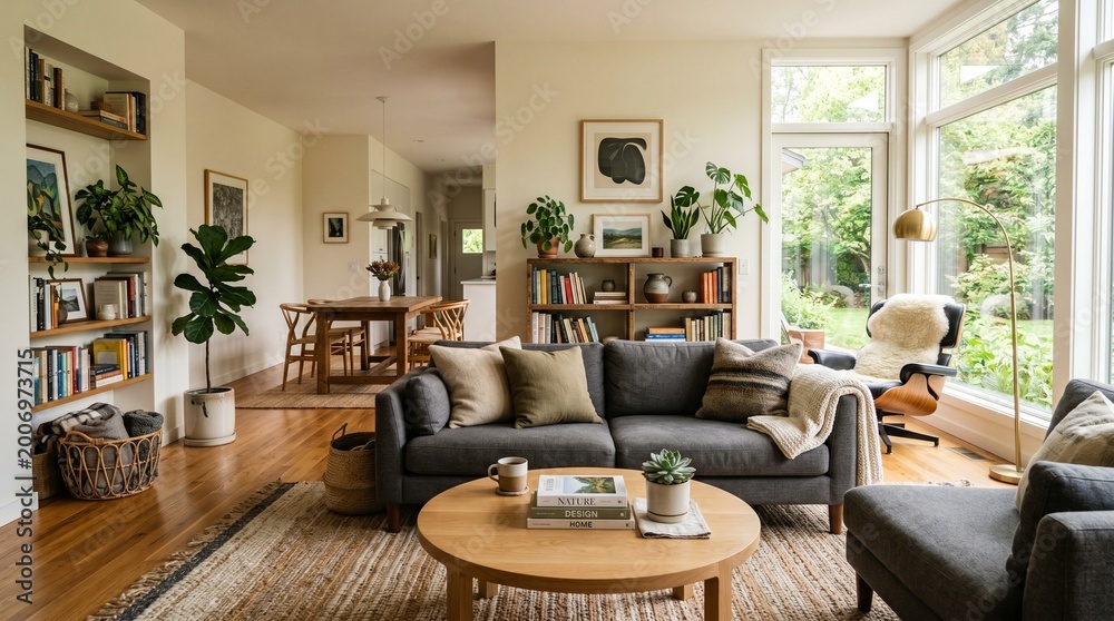 Fototapeta premium Modern farmhouse living room interior with cozy sofa, wooden furniture