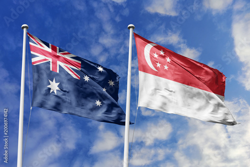 Canvastavla Australia and Singapore flags waving in a clear blue sky symbolizing a powerful diplomacy a strategic partnership, and a shared vision of unity for a sustainable future