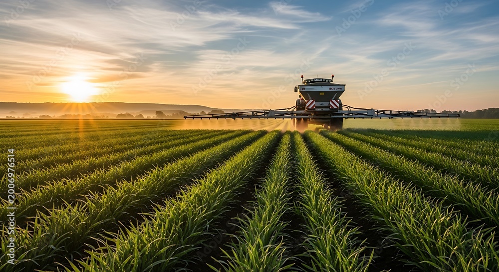 Fototapeta premium Agricultural sprayer applying fertilizer to a young crop field at sunrise with golden light