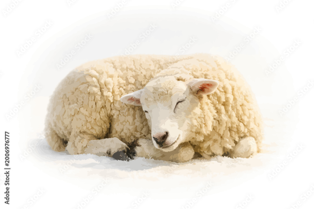 Obraz premium fluffy white lamb resting in snowy winter landscape soft natural light