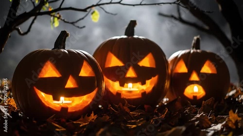 Spooky Halloween scene with three illuminated jack-o-lanterns sitting on autumn leaves in a dark forest at night