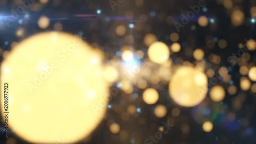Abstract celestial background of glowing golden bokeh orbs with sparkling blue stars and lens flares, perfect for presentations
