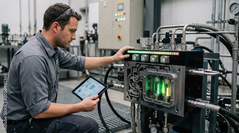 Obraz premium Medium shot highlighting a technician monitoring advanced hydraulic manifold system featuring contamination detection sensors and interactive diagnostic LEDs.