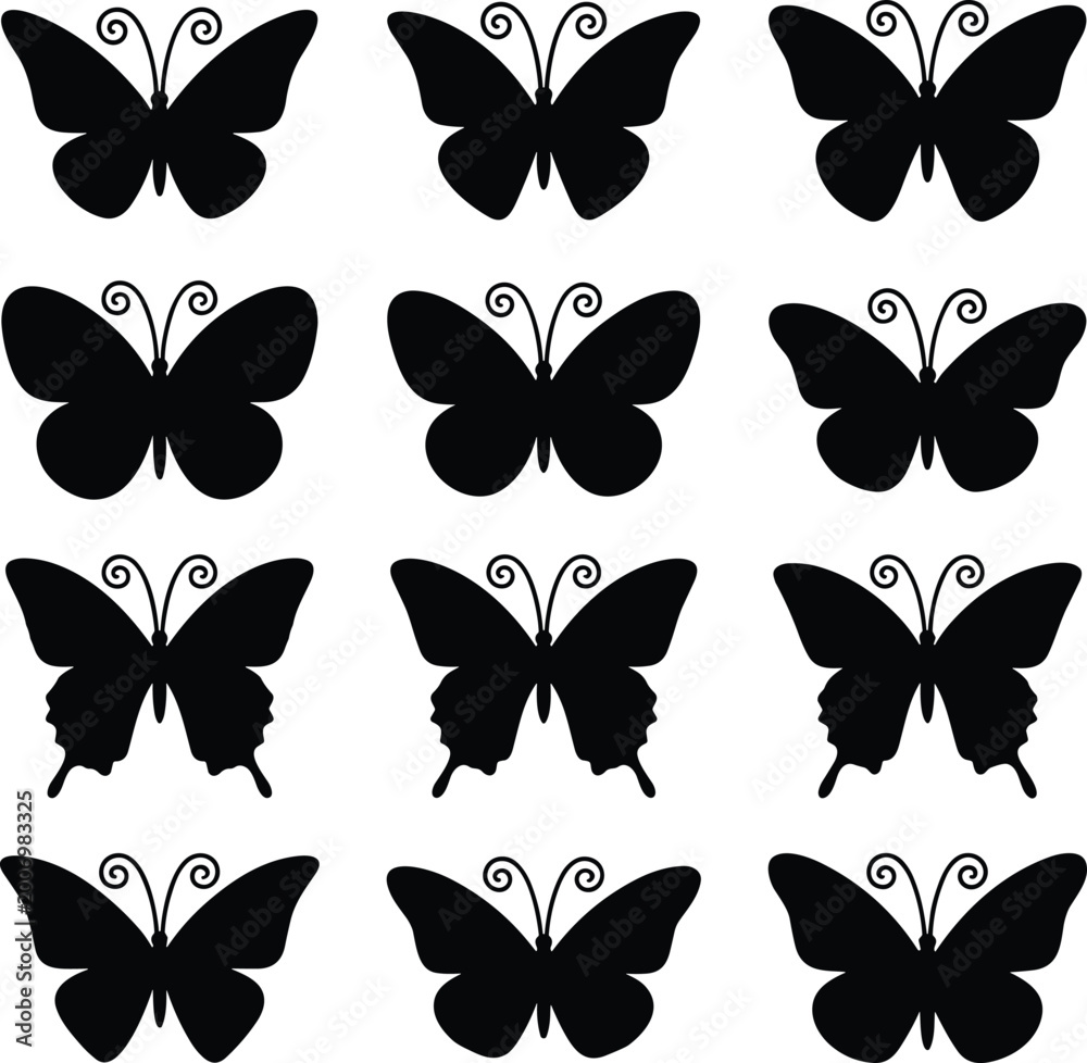 Fototapeta premium Butterfly silhouette set with various wing shapes black insect icon collection vector illustration isolated