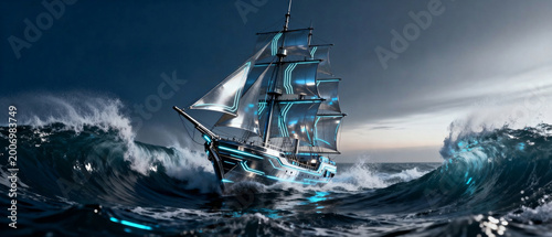 Futuristic sailing ship in stormy ocean
