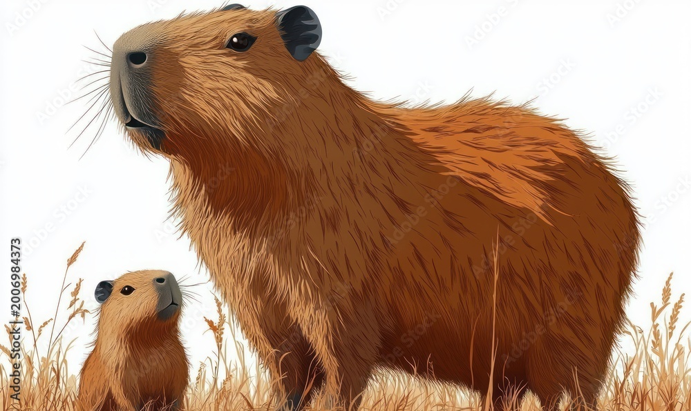Fototapeta premium protective adult capybara with curious juvenile standing in dry grass, calm and attentive expression