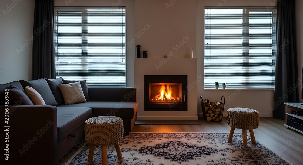 Fototapeta premium Cozy living room with a warm fireplace and modern furnishings