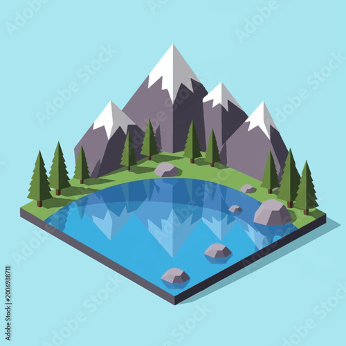 Isometric mountain landscape with lake and trees.