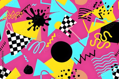 Vibrant Memphis design pattern with geometric shapes and bold colors
