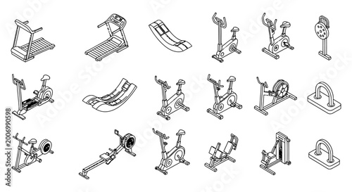 isometric outline icons illustrating gym equipment and fitness machines for exercise healthy lifestyle and wellness apps or infographics.