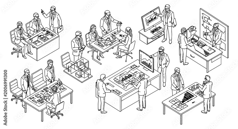 Obraz premium business people analyzing data with advanced technology and augmented reality in a modern office highlighting teamwork and digital transformation.