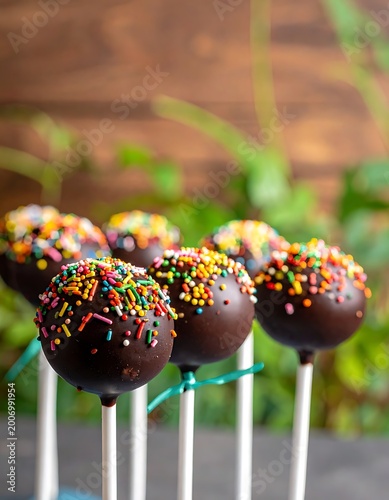 A close-up of cake pops with chocolate and sprinkles on sticks