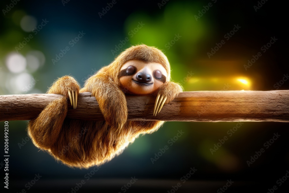 Fototapeta premium Sloth Relaxing on a Branch in Energy Saving Mode with a Clean and Serene Background