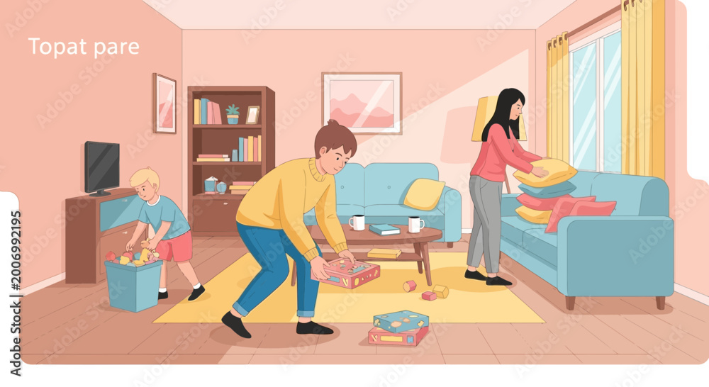 Fototapeta premium Family tidying up living room together.