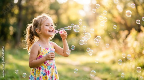 Abstract blurred sunny background with girl blowing soap bubbles outdoor