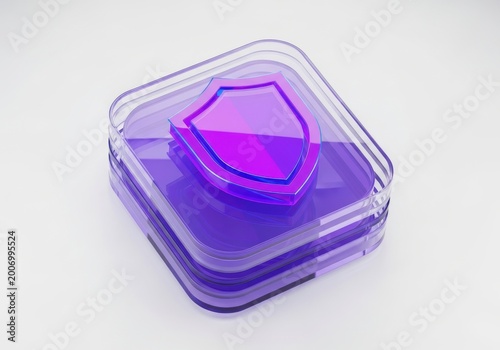 Purple glass shield icon rests on a transparent square layered base.