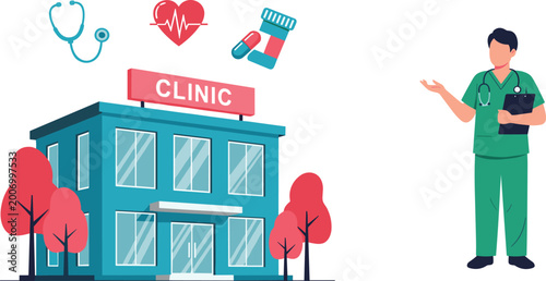 Modern clinic building illustration with professional doctor in scrubs and medical icons for healthcare and hospital service concepts.