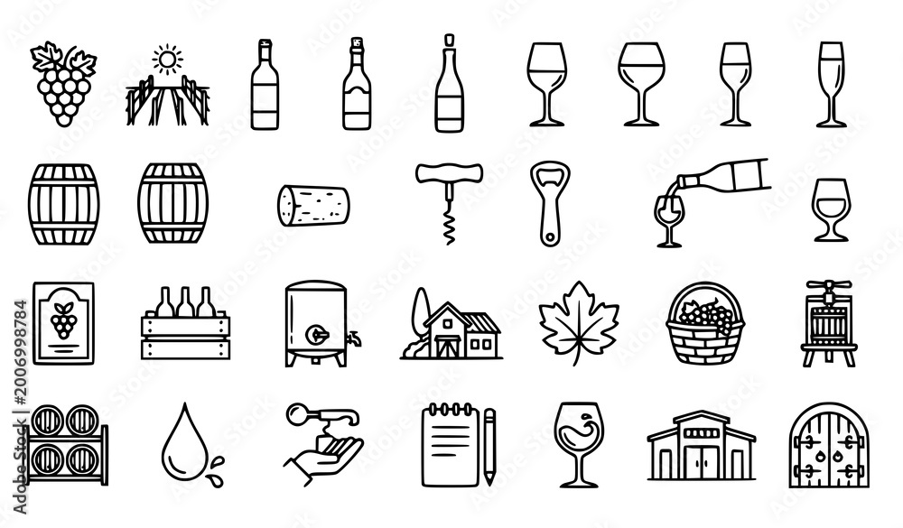 Fototapeta premium Wine and Vineyard Thin Line Icon Set Grapes Bottles Glasses Barrels Corks Vector Collection