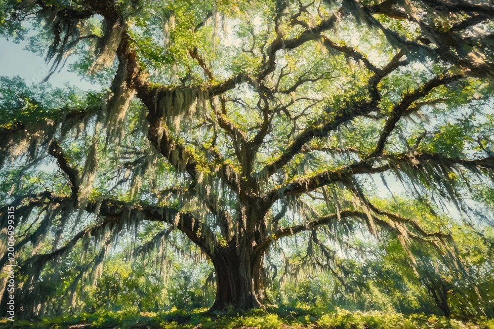 Fototapeta premium Massive sprawling live oak with hanging moss and sunlight filtering through a lush green canopy over sunlit grassy ground, evoking peaceful awe