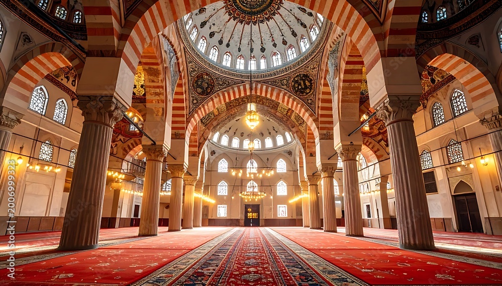 Obraz premium Interior of a large mosque with red carpet and arches