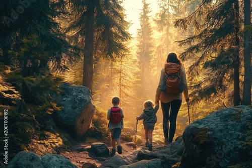 Woman and two children hiking along a rocky pine forest trail at golden sunrise, carrying backpacks and walking sticks, holding hands in a peaceful adventurous moment