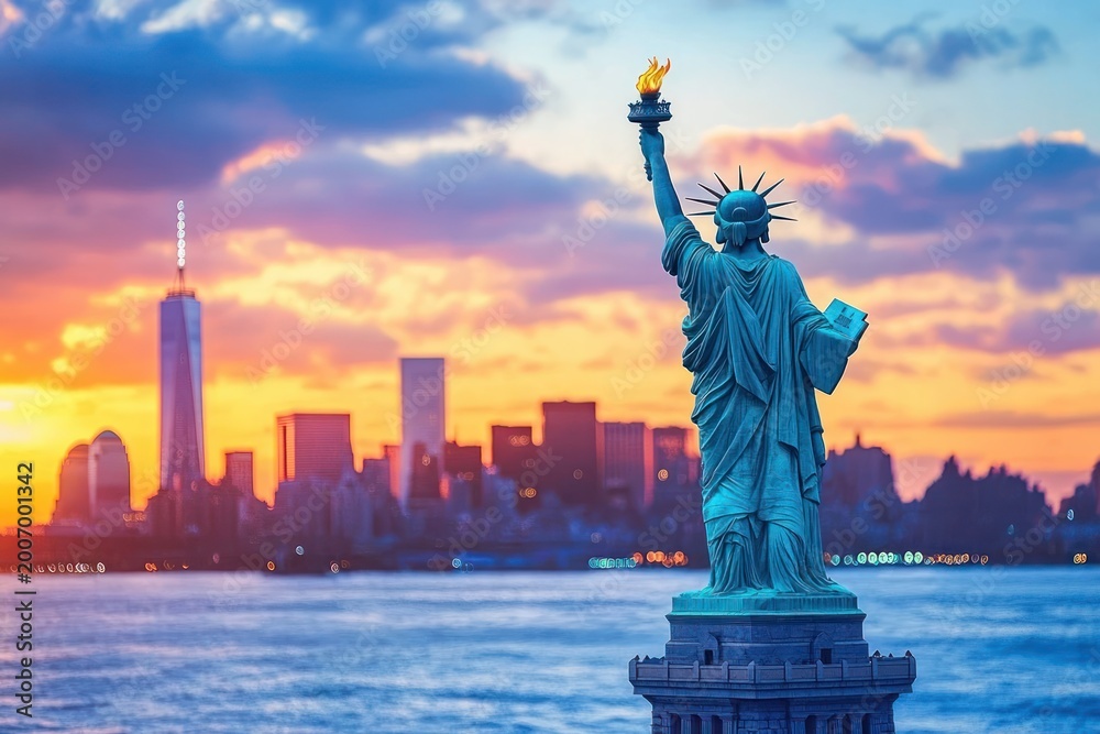 Fototapeta premium copper statue with raised torch and tablet overlooking a harbor and glowing city skyline at sunset, majestic and hopeful atmosphere