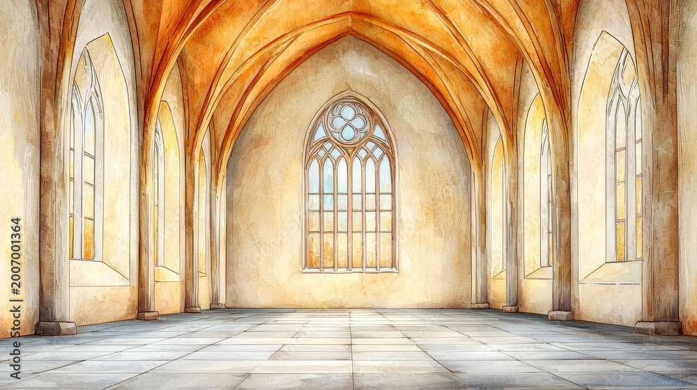 Obraz premium Bright and Spacious Gothic Architecture Interior with Arched Windows and Warm Lighting in an Abandoned Hall