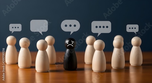 Cyberbullying and Discrimination Concept with Sad Black Wooden Figure Isolated Among Peers, Social Exclusion and Mental Health Awareness Visualization