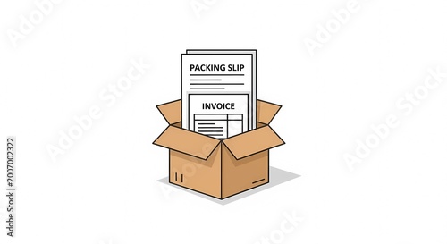 Cardboard box with invoice and packing slip documents.