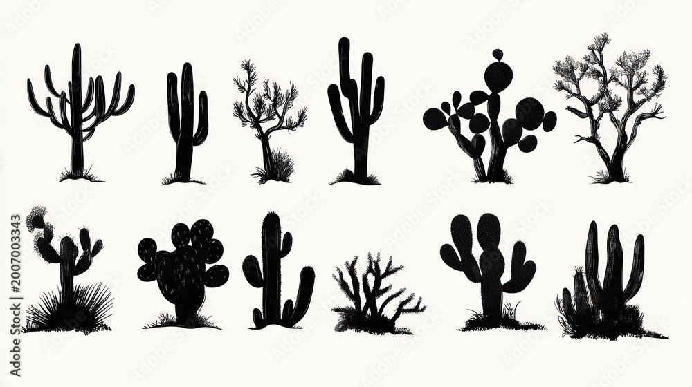 Fototapeta premium twelve black cactus and desert plant silhouettes arranged in two rows on a light background, minimalist calm botanical graphic