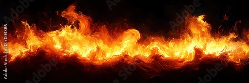 roaring horizontal wall of bright orange and yellow flames on a dark background conveying intense heat and fierce energy