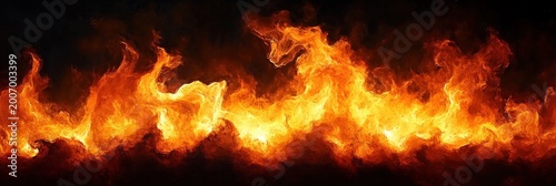 roaring orange and yellow flames forming a continuous fire wall against a dark background, intense heat and fierce energy