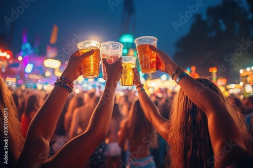 friends raising plastic cups of beer in a joyful toast at a lively nighttime festival with colorful lights and a crowded fairground atmosphere