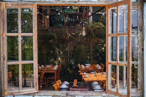 Rustic Cafe Interior with Set Tables
