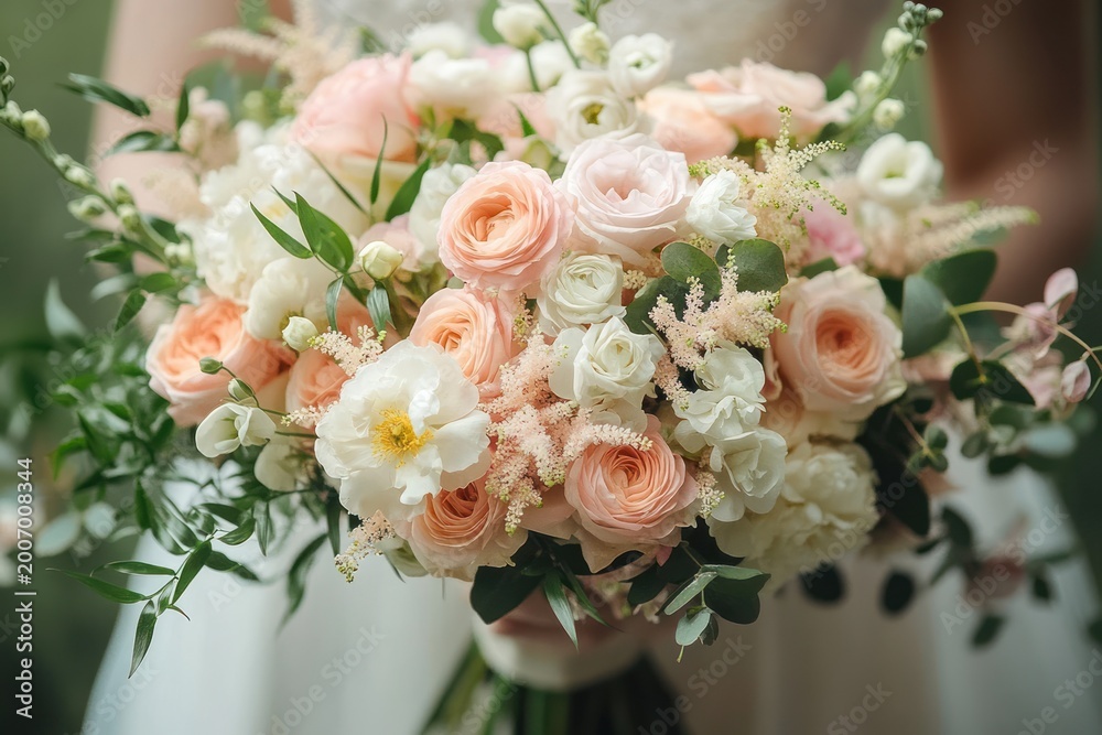 Obraz premium bride holding romantic pastel bouquet of peach and white roses, ranunculus, peonies and delicate greenery tied with soft ribbon, elegant and dreamy
