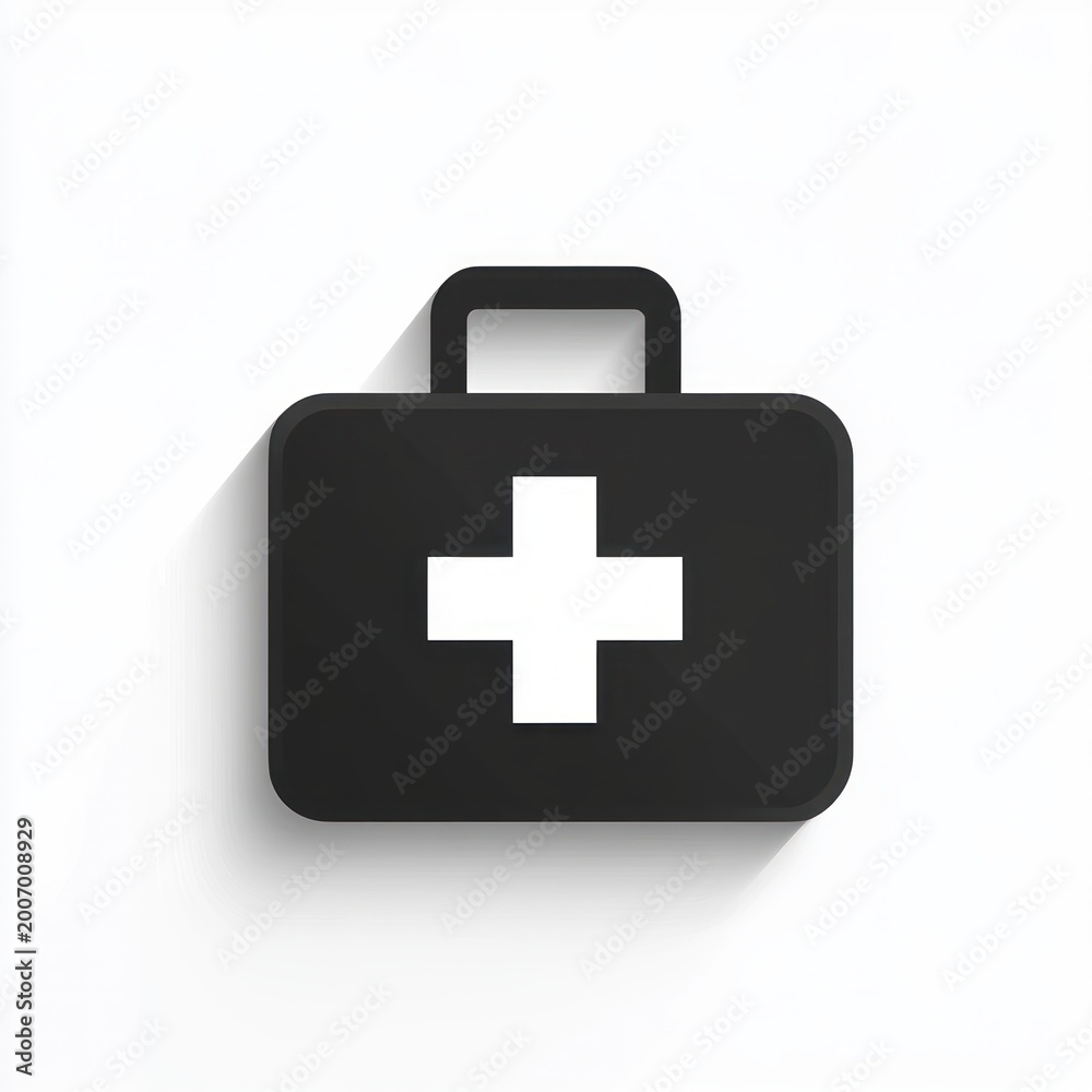 Fototapeta premium minimal black first aid kit icon with white medical cross and long soft shadow conveying reassurance and preparedness