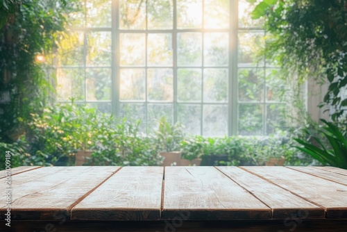 Serene sunlit wooden table before a large paned window with lush potted indoor plants and soft morning light