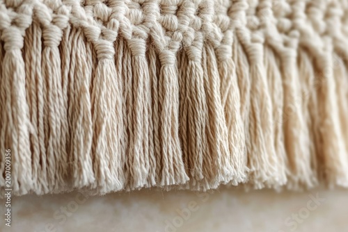 close-up of beige cotton macrame fringe with knotted weave and soft tassels conveying cozy handmade warmth