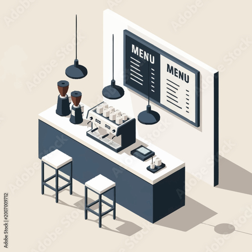 Obraz na płótnie Isometric illustration of a modern coffee shop counter with menu and equipment