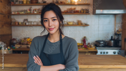 Young Asian woman entrepreneur standing behind wooden counter in cozy kitchen with crossed arms and confident smile.
