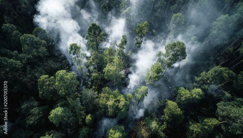 Aerial View of Forest Fire Smoke Rising Above Dense Green Canopy.