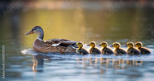 female duck leading six ducklings across calm reflective water at golden hour, tender protective and peaceful mood