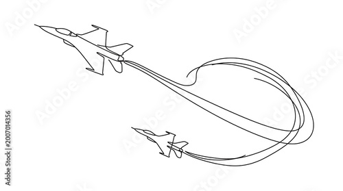 Fotografi Continuous line drawing of two fighter jets flying with smoke trails